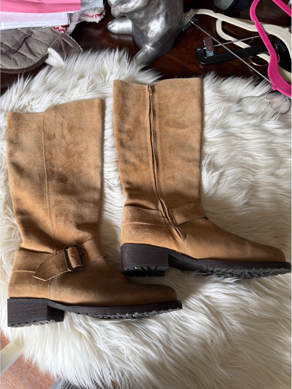 Sundance Tan Suede Knee High Boots with Buckle Detail